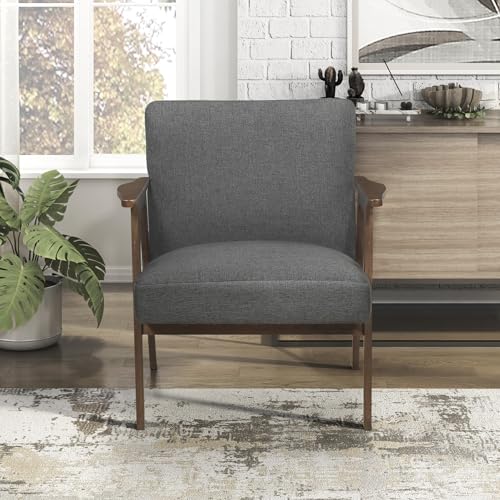 Lexicon Mid Century Modern Accent Chair, Upholstered Lounge Armchair, Single Sofa Seat, Brown Finish Solid Wood Framed Comfy Side Chairs for Living Room/Bedroom/Office/Waiting Area, Dark Gray Lexicon