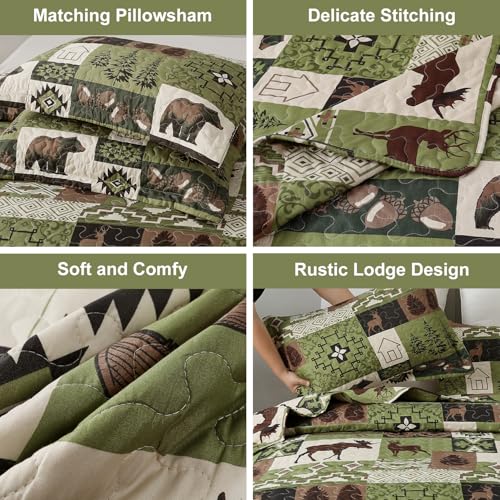 Quilts Set King Size Rustic Quilt Bedspread Coverlet King Quilt Bedding Country Lodge Patchwork Quilt Home Lightweight Reversible Bedspread Rustic Bear Bedding Cabin Moose Forest Animal Coverlet Olive ARL HOME