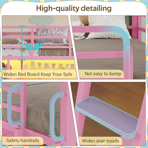 busyaeh Twin Loft Bed,Low Loft Bed with 9 Storage Drawers & 15.8" H Safety Guardrail & Inclined Ladder & Safety Handrail & LED Lights and Charging Station,Kids Loft Bed,Pink busyaeh