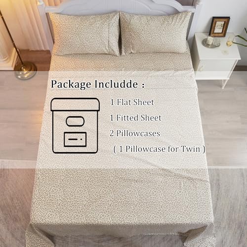 Drozeeo King Leopard Print Sheets, Cheetah Pattern King Size Sheet Set with Elastic Corner Straps, Soft Microfiber Animal Bedsheet, Beige Drozeeo