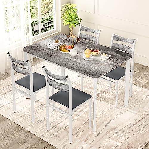 DKLGG Dining Table Set for 4, 43.3" Dining Room Table with 4 Upholstered PU Leather Chairs, Modern Wood Kitchen Table and Chairs Set, 5-Piece Dinette Set for Breakfast Nook, Small Places, Grey DKLGG