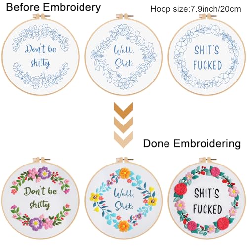 Louise Maelys 3 Sets Funny Embroidery Kits for Beginners,Cross Stitch Kit for Adults,DIY Starters Needlepoint with Flower Wreath Pattern,Including Instruction and Threads