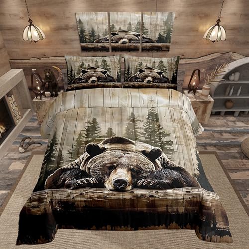 Feelyou Grizzly Bear Comforter Set Queen Size, Wild Animal Hunting Quilt Set with 2 Pillowcases, Western Cabin Bedding Set 3pcs for Kids Boys Teens Room Decor, Rustic Country Farmhouse Duvet Insert Feelyou