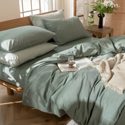 MooMee Bedding Duvet Cover Set 100% Washed Cotton Linen Like Textured Breathable Durable Soft Comfy (Heathered Green, King 104"x90") MooMee