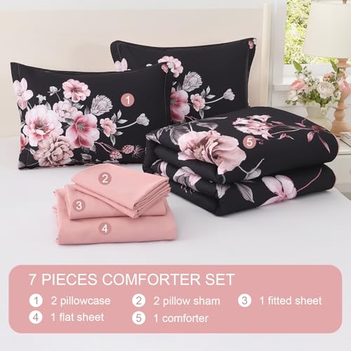 Floral King Size Comforter Set - 7 Piece Botanical Black and Pink Bed in a Bag Ulter Soft Microfiber Bedding Set, Lightweight Bed Comforter Set with Sheets for All Season (Black, King) LLDSYW