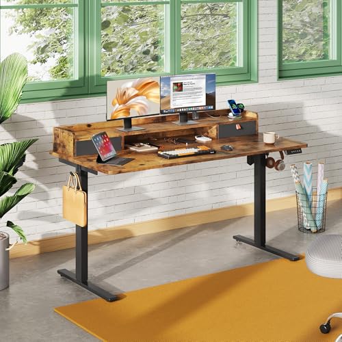 DEVAISE 55×28 Inch Electric Standing Desk with Drawers, Computer Desk with 3 Adjustable Height, Storage Shelf, Built-in USB Outlets and Memory Preset, Sit to Stand Desk for Home Office, Rustic Brown DEVAISE