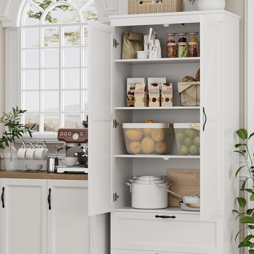 HOSTACK 70" Tall Kitchen Pantry Storage Cabinet, Barn Doors Pantry Cabinet with Drawers and Adjustable Shelf, Modern Farmhouse Storage Cabinet for Kitchen, Dining Room, Living Room, Bathroom, White HOSTACK