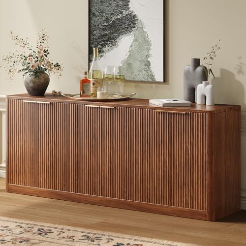 Evermagin 67" Fluted Walnut Buffet Cabinet Sideboard with Storage, Large Credenza with 6 Doors, Wood Mid Century Modern Sideboard for Kitchen and Living Room (67" W*31.5" H*15.7" D) Evermagin