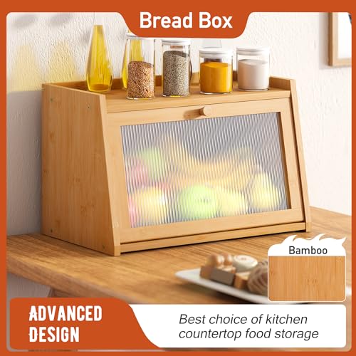 GHWIE Large Bread Box, Easy Access & Cleaning - Bamboo Bread Box for Kitchen Countertop with Acrylic Door,Natural GHWIE