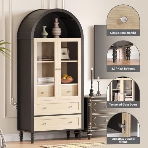 Curtainboro 70in Tall Arched Pantry Cabinet, Wooden Kitchen Bookcase Storage Cabinet with LED Light 3 Drawers Adjustable Shelves Glass Door for Kitchen Living Dining Room, Oak & Black Curtainboro