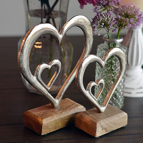 WHW Whole House Worlds Eternity Double Heart Figurines, Set of 2, Hand Cast Aluminum. Mango Wood Gallery Base, 7.75 and 6 Inches WHW Whole House Worlds