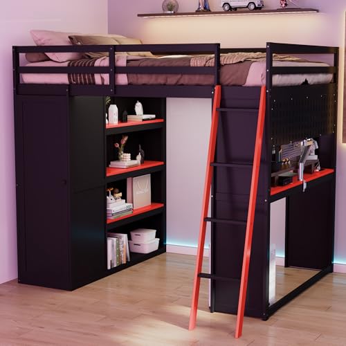 Gaming Loft Bed with Desk & Storage Shelves & Wardrobe & RGB Lighting,Full Size Wood Loft Bed Frame with Guardrail,DIY Pegboard,Curtains and Ladder,Esports Design for PC & Console Gamers,Black Red Harper & Bright Designs