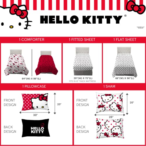 Franco Collectibles Hello Kitty Polka Dot Bedding 5 Piece Super Soft Comforter and Sheet Set with Sham, Twin, (Official Licensed Product) Franco