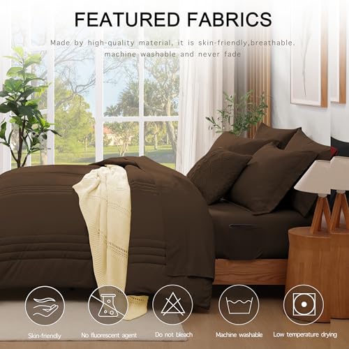 Monbix Full Comforter Set - 7 Pieces Chocolate Brown Bed in a Bag Full Size Bedding Sets with Comforters, All Seasons Comforter with Sheets, Pillowcases & Shams Monbix