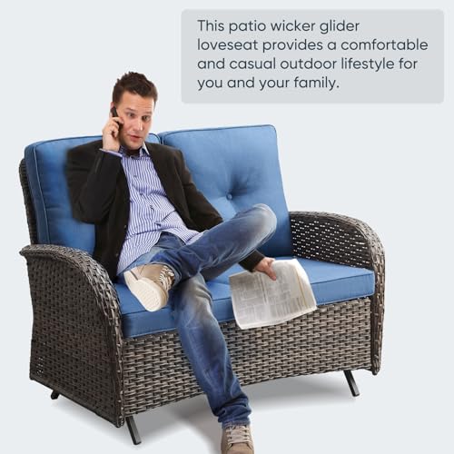 Belord 6 Piece Patio Conversation Sets - Wicker Patio Furniture Sets with Outdoor Swivel Rocker Chairs, Glider Loveseat Perfect for Patio Deck Backyard, Brown Wicker Blue Cushion Belord