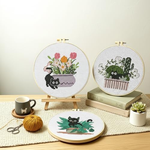 3 Pack Cross Stitch Kits for Beginners,Cute Cat Stamped Cross Stitch Kits for Adults with Embroidery Hoop,Plant Embroidery Kit 11CT Easy Partial Cross-Stitch Arts and DIY Crafts for Adults Home Decor