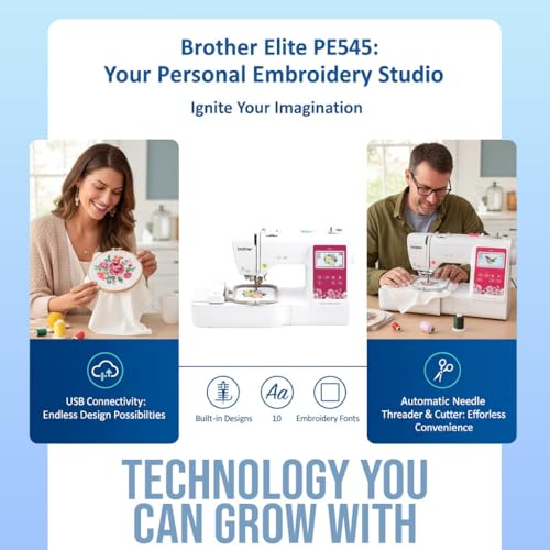 Brother Elite PE545 3.7-Inch LCD Touch Display Computerized Embroidery Machine Bundle with Needles, Bobbins and Thread Kit (4 Items)