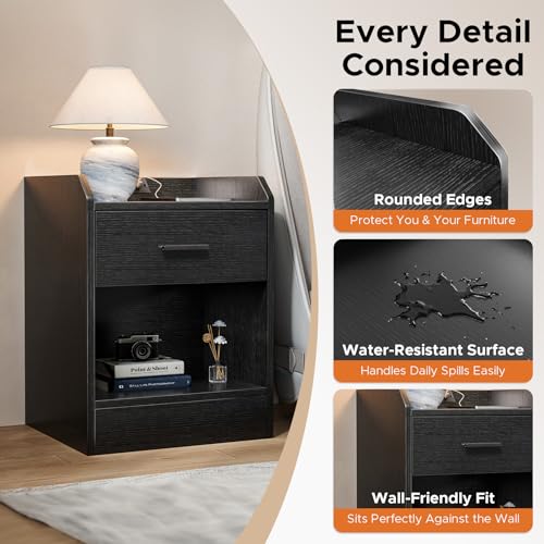 Lazzanto Nightstand with Hidden Drawer & Charging Station, Modern Bedside Table with Storage Drawer and Hidden Compartment, for Bedroom, AC Outlets, USB-A & USB-C Ports, Black Lazzanto