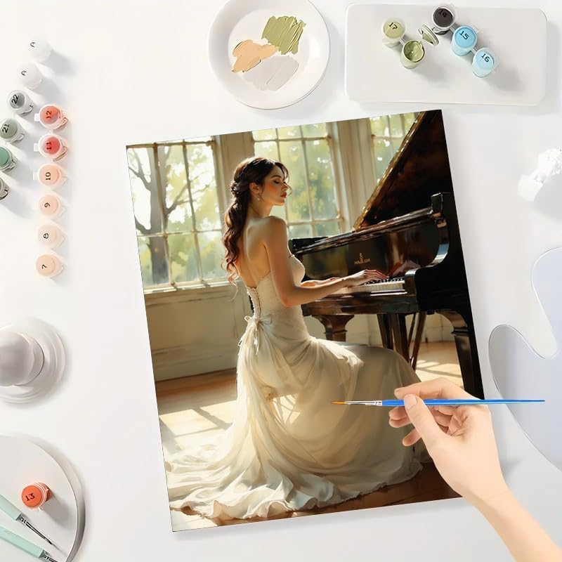 Romantic Paint by Numbers Kit for Adults - DIY Woman in White Dress Playing Piano Painting on Canvas 16x20 Inches, Acrylic Paint Set, Suitable for Beginners, Art for Home Decoration or Gifts DecorFriday