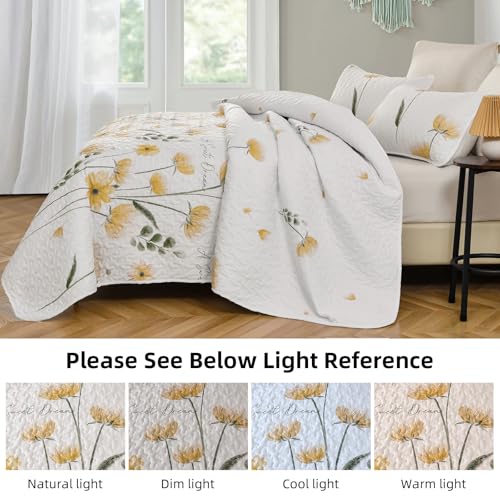 Dinjoy Quilt Set Queen Cute Floral Bedspread Coverlet Yellow Flower Quilts Microfiber Lightweight Summer Bedding Sets Reversible Soft Quilted Bed Cover for All Season(96"x90") Dinjoy