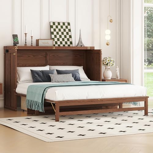 Ball & Cast Murphy Bed Queen W/Storage Drawer,Cabinet Bed W/ 2 2 USB Port & Power Outlets,Wall Bed Frame for Home Office,Apartment,Guest Room,Walnut Ball & Cast