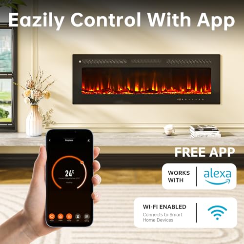 oneinmil 50” Smart Electric Fireplace Heater, Compatible with Alexa & Google Home, Wall Mount, in-Wall Recessed Fireplace Insert, Ajustable Flames, 750W/1500W Indoor Heater oneinmil