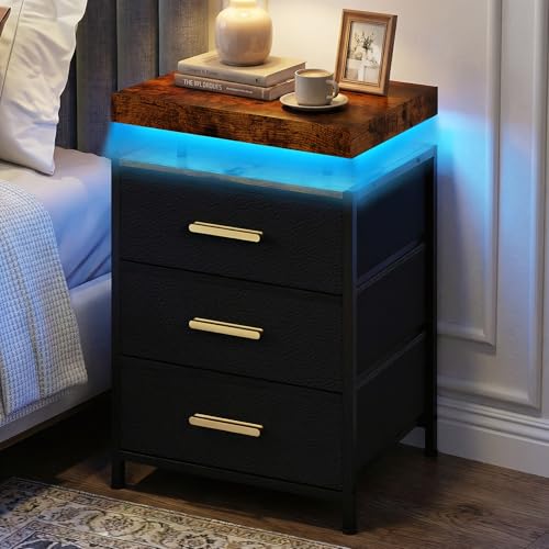 DreamDashio Night Stand with APP Control LED Lights, 3 Fabric Storage Drawers with PU Finish, Floating Top Design, Bedside Table with Open Shelf, End Table for Bedroom, Living Room, Office (Black) DreamDashio