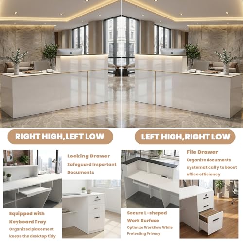 Modern Reception Desk with Counter,L-Shaped Reception Desk,86.6" Front Counter Table with Adjustable File Cabinet & Keyboard Tray,Suitable for Offices,Lobby,Hotel(R-high) Laxodor