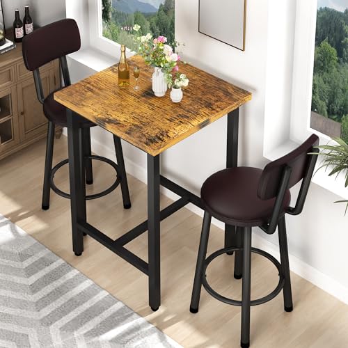 Recaceik 3 Piece Pub Dining Set, Modern bar Table and Stools for 2 Kitchen Counter Height Wood Top Bistro Easy Assemble for Breakfast Nook Living Room Small Space Restaurant, Rustic Brown 24” Recaceik
