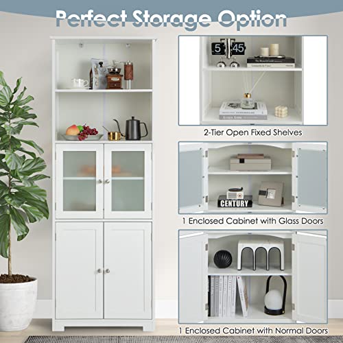 Tangkula Tall Bathroom Storage Cabinet, Freestanding Floor Cabinet w/2 Glass Doors & 2 Open Shelves, 3-Position Adjustable Shelves, Anti-toppling Design, 64” Tall Pantry Cupboard for Kitchen Tangkula