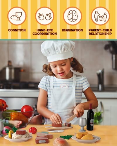 RRIBOUDWAN Wooden Play Food Toys, Food Pretend Playset Include Four Kinds of Steak, Pasta, Red Wine, Wine Glass, Vegetable Salad, Steak Dinner Game for 3+ Years Old Children RRIBOUDWAN