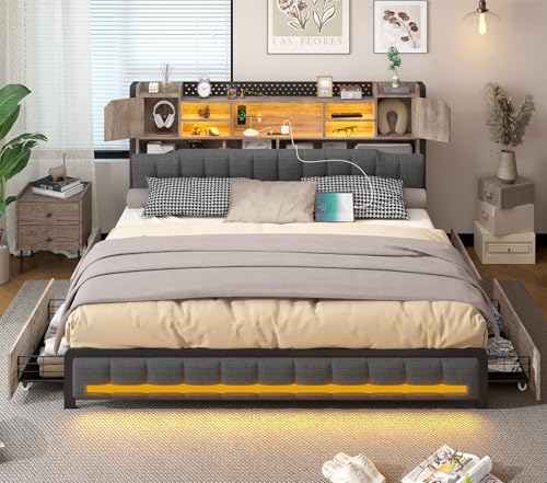 CSZZD King Size Bed Frame and Bookcase Headboard & Storage Drawers, LED Upholstered Platform Bed Frame King Size with USB Charging Station, No Box Spring Needed, Easy Assembly, Oak Gray CSZZD