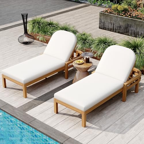 KLMM Outdoor Chaise Lounge Set of 2,Acacia Wood Patio Recliner with Arched Backrest, 5-Position Adjustable Backrest,for Poolside, Backyard, Deck & Lawn (Light Teak-lc)