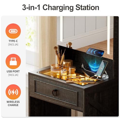 MDGC Makeup Vanity Desk with Mirror and Lights,Small Vanity Desk Set with Charging Station & Glass Top,Compact Dressing Table with Jewelry Cabinet & Storage Wheel Stool for Bedroom, Rustic Brown MDGC