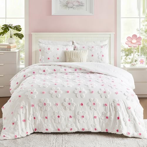 CotComf Full Size Comforter Set for Girls 3 Pieces Tufted Daisies Flowers Pink Floral Bedding Set Cute Comforter Set for Kids, Lightweight Full Bed Set for Kids Teen Girls Women CotComf