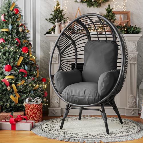 LUTINLIX Oversized Wicker Egg Chair Set of 2 Outdoor Indoor,Patio Lounge Chair with Thicken Cushions & Durable Steel Frame, Egg Basket Chair 500lbs Capacity for Garden, Backyard, Porch,Bedroom LUTINLIX