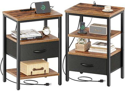 SUPERJARE Nightstand Set of 2, Bed Side Tables with Charging Station, Adjustable Fabric Drawer, Night Stand for Bedroom, 3-Tier Storage End Tables, for Living Room, Rustic Brown and Black