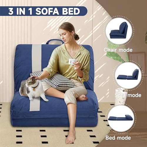 CITTANEO Folding Sofa Bed Set of 2, Convertible Floor Sofa with 6-Position Adjustable Backrest, Metal Frame and Handle, Futon Floor Couch for Dorm, Bedroom, Apartment, Navy Blue CITTANEO