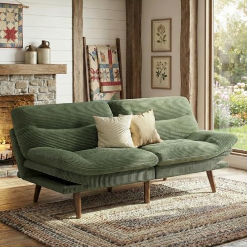 Marsail Futon Sofa Bed, 66” Futon Couch with Adjustable Backrest & Armrests, Convertible Small Sleeper Sofa Bed for Small Apartments, Study Room, Office, Corduroy Loveseat, Olive Green Marsail