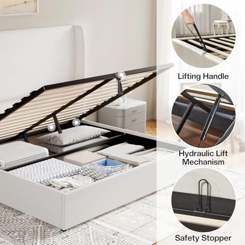 Jocisland Queen Size Bed Frame Lift Up Storage Bed Linen Upholstered Bed Frame with Hydraulic Storage/Wingback Headboard/No Box Spring Needed/White Jocisland