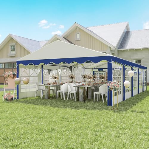 Outsunny 16.5' x 33' Party Tent, Heavy Duty Large Outdoor Canopy Tent Shelter with Removable Sidewalls, 10 Windows and 2 Doors, Tents for Parties, Wedding, Events, BBQ Grill, White and Blue Outsunny
