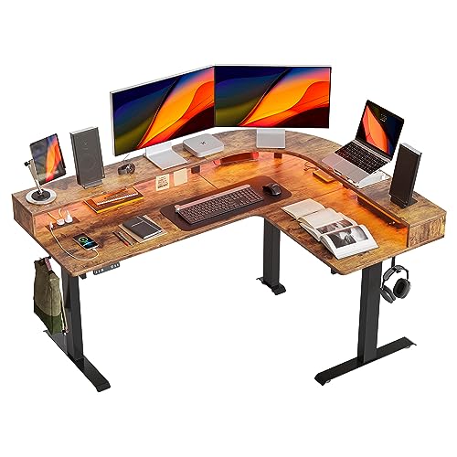 FEZIBO Triple Motor L Shaped Stadning Desk with LED Strip & Power Outrlets,63 inches Height Adjustable Stand up Corner Desk with Ergonomic Monitor Stand, Black Frame/Rustic Brown Top FEZIBO