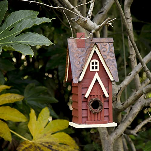 Glitzhome 12" H Distressed Red Cottage Solid Wood Birdhouse Hanging Bird House for Outdoors glitzhome