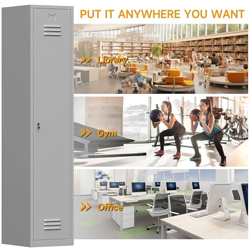 Firstsky 71'' Metal Locker with Keys for School,Gym,3 Tier Steel Office Storage Locker with Hook,Tall Cabinet for Employees (Gray, 1-Door) Firstsky