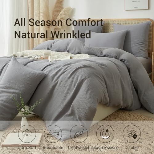 YASMENG 100% Cotton Muslin Duvet Cover Set King Size Grey, Ultra Soft Breathable Absorbent Gauze Bedding Duvet Cover, Luxurious Minimalist Natural Wrinkle Linen Textured Comforter Cover 104" x 90" YASMENG