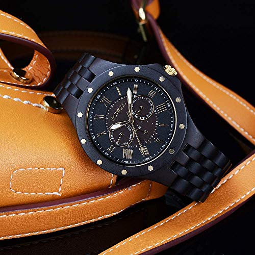 BEWELL Wood Watches for Men, Vintage Mens Wrist Watches with Calendar Luminous Hands Wooden Strap (Black Sandalwood) BEWELL