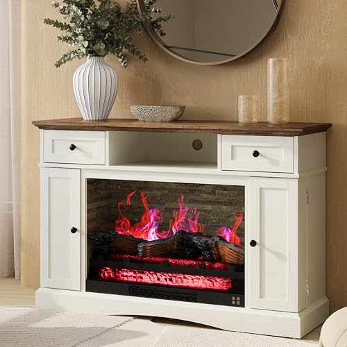 RoyalCraft TV Stand with 28'' Fireplace for TVs up to 55'', Media Console Table with Adjustable Shelves, Double-Door Design, Entertainment Center for Living Room, Bedroom, White RoyalCraft