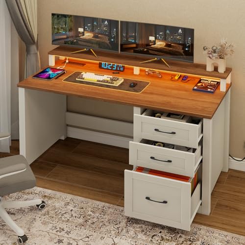 Vabches 47" Farmhouse Executive Desk with Monitor Stand & File Cabinet,3 Drawers Computer Desk with LED Lights and Power Outlets,Workstation for Home Office, Study,Writing.Unique White Vabches