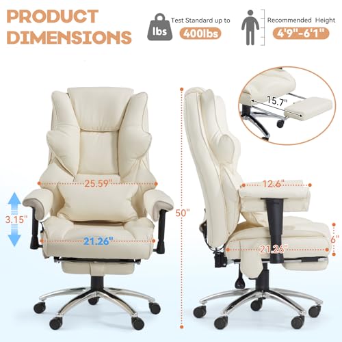 Mvpipi Massage Office Chair with Foot Rest, Ergonomic Executive Heated Office Chair with Reclining Backrest, Adjustable Arms and Lumbar Support, High Back Leather Desk Chairs for Home Office, Beige Mvpipi