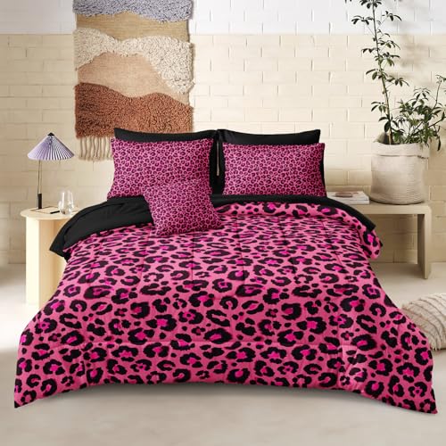 Leopard Print Comforter King Black and Pink Bedding Sets 8 Pcs Hot Pink Cheetah Animal Print Texture Wild Leopard Bed in A Bag with Comforter and Sheet Set Chumerry